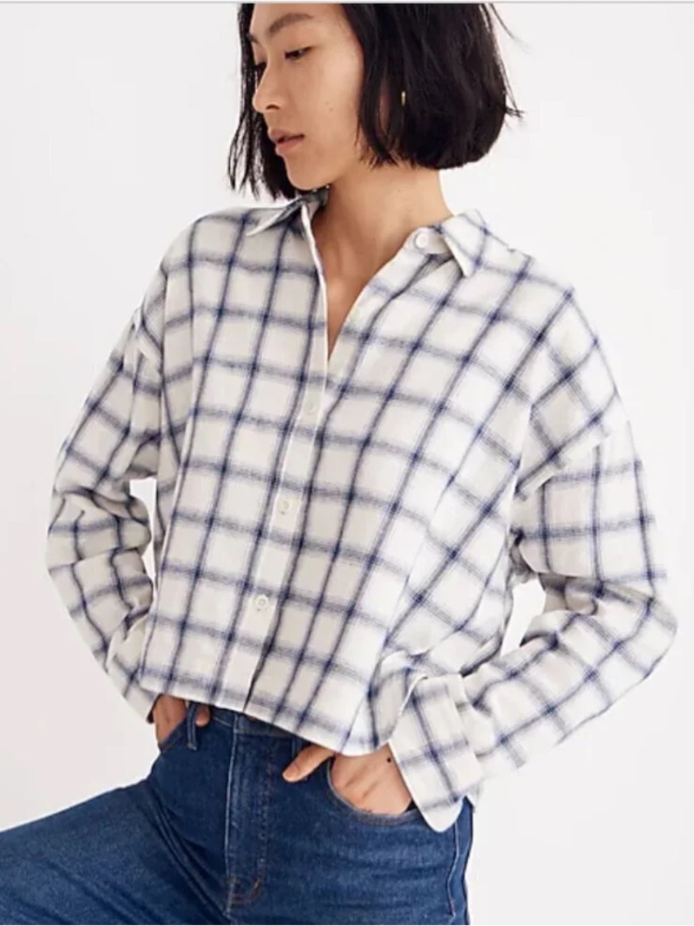 MADEWELL Hartfield Cropped Flannel Windowpane Plaid Button Up Shirt Size Medium